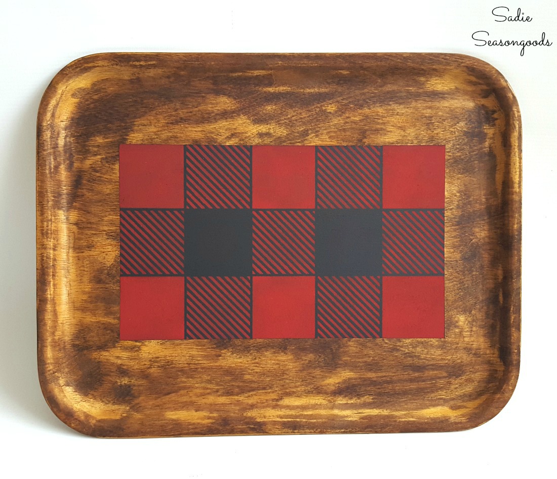 Rustic cabin decor or lodge decor with a wooden tray from the thrift store and a Buffalo plaid stencil