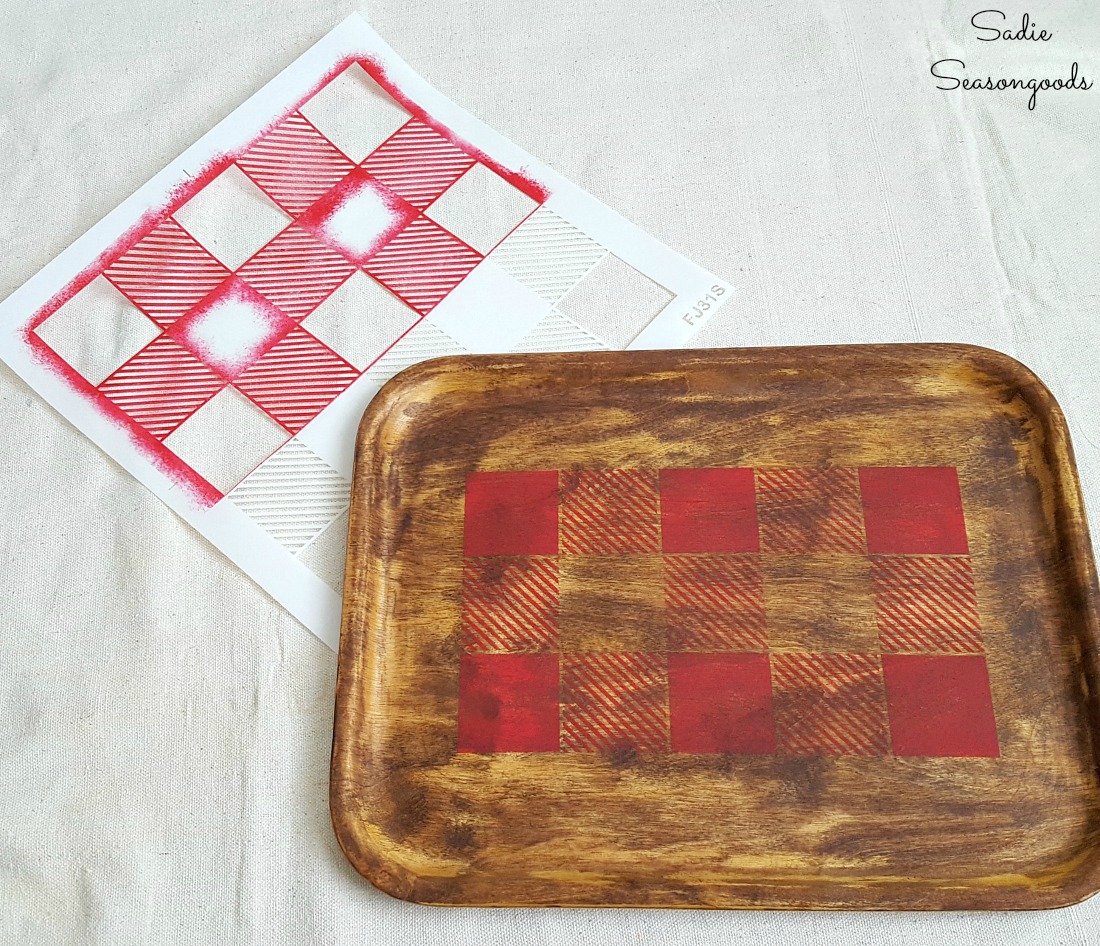 Pinterest Fail on a wood tray with trying to create the Buffalo plaid decor with a vinyl stencil on a wooden tray