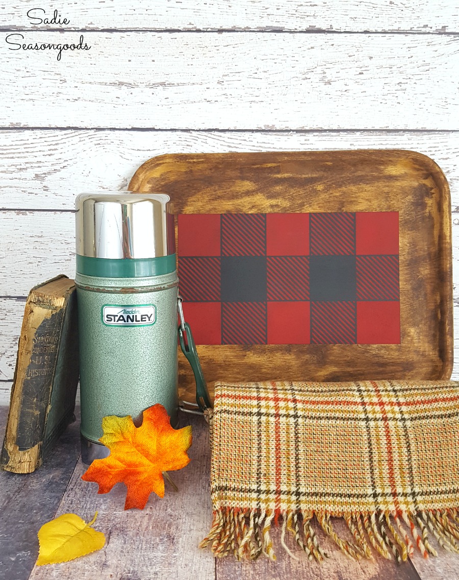 Lodge decor and rustic cabin decor by upcycling a wood tray from the thrift store with a Buffalo plaid stencil