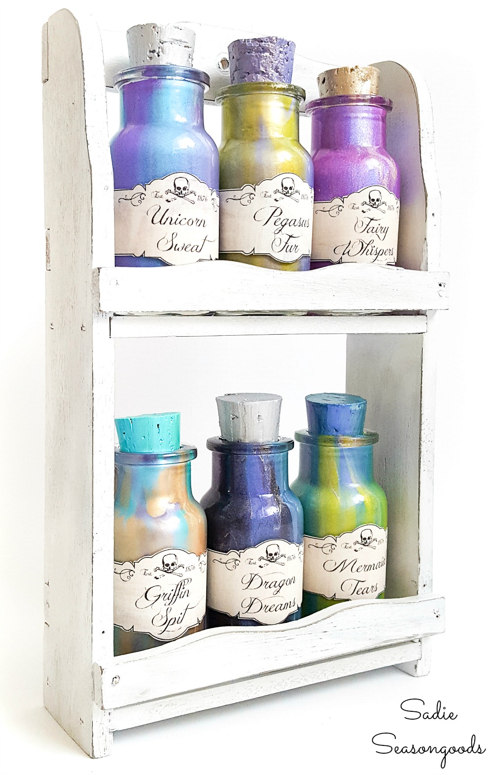 Repurposing an old spice rack as Halloween potion bottles