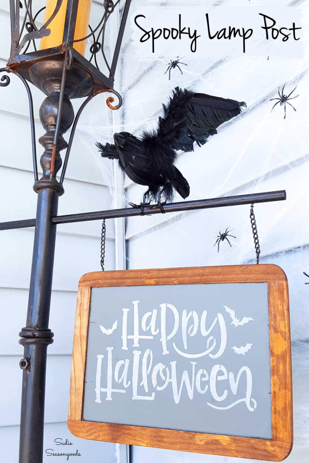 Outdoor lantern that is now a halloween lamp post
