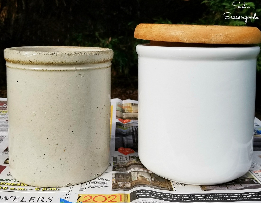 Comparing a white ceramic canister to the antique crocks