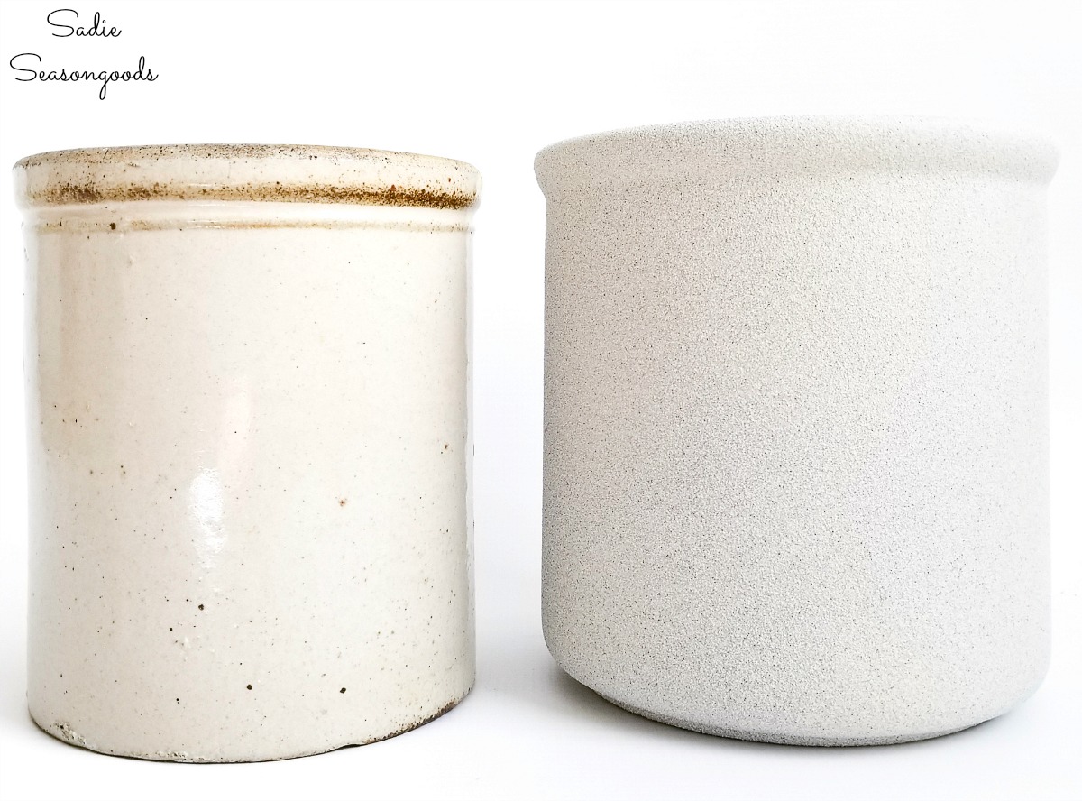 Comparing the vintage crocks with the faux finish on a white ceramic canister