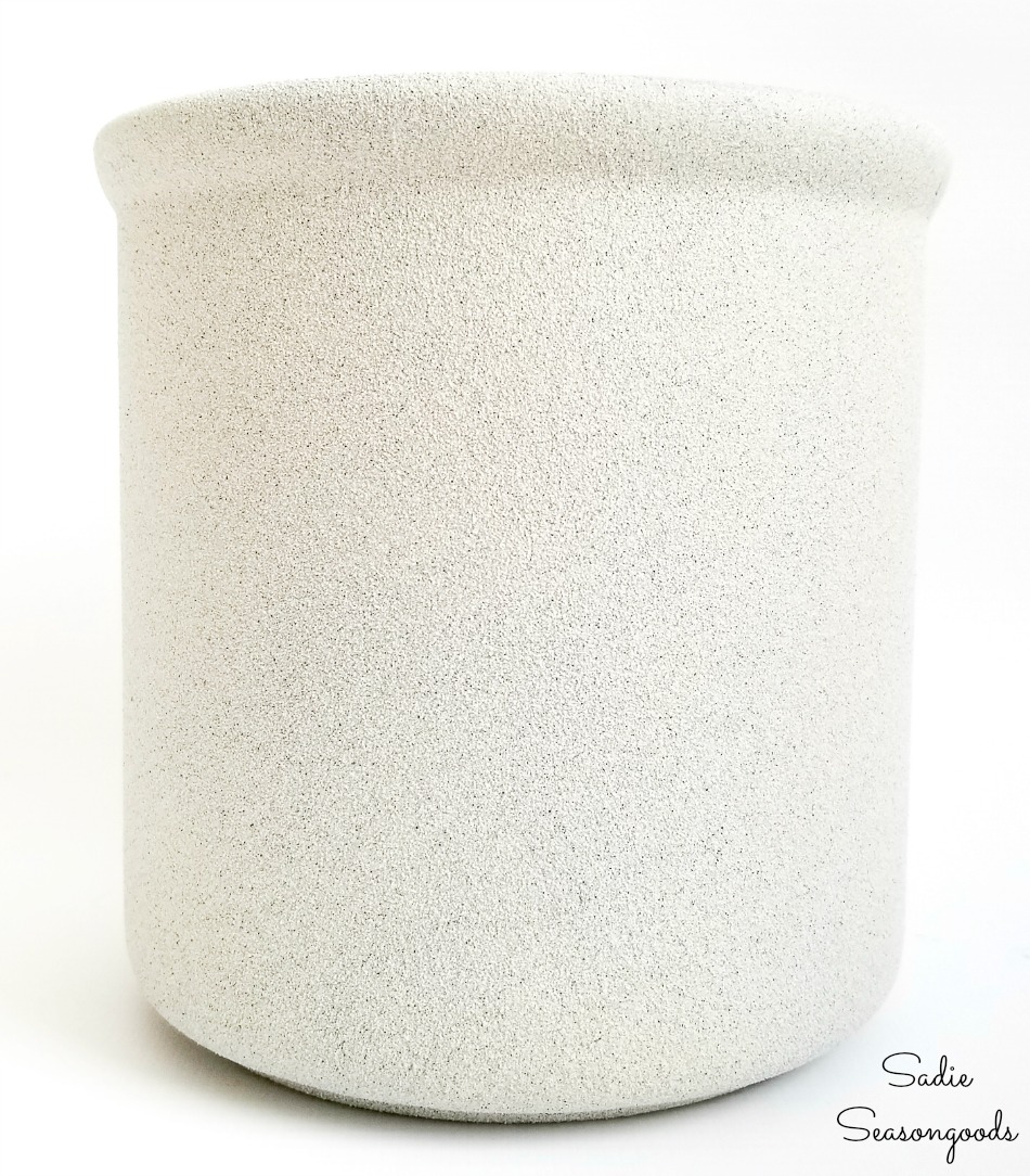 Faux stone on a white ceramic canister to look like a stoneware crock