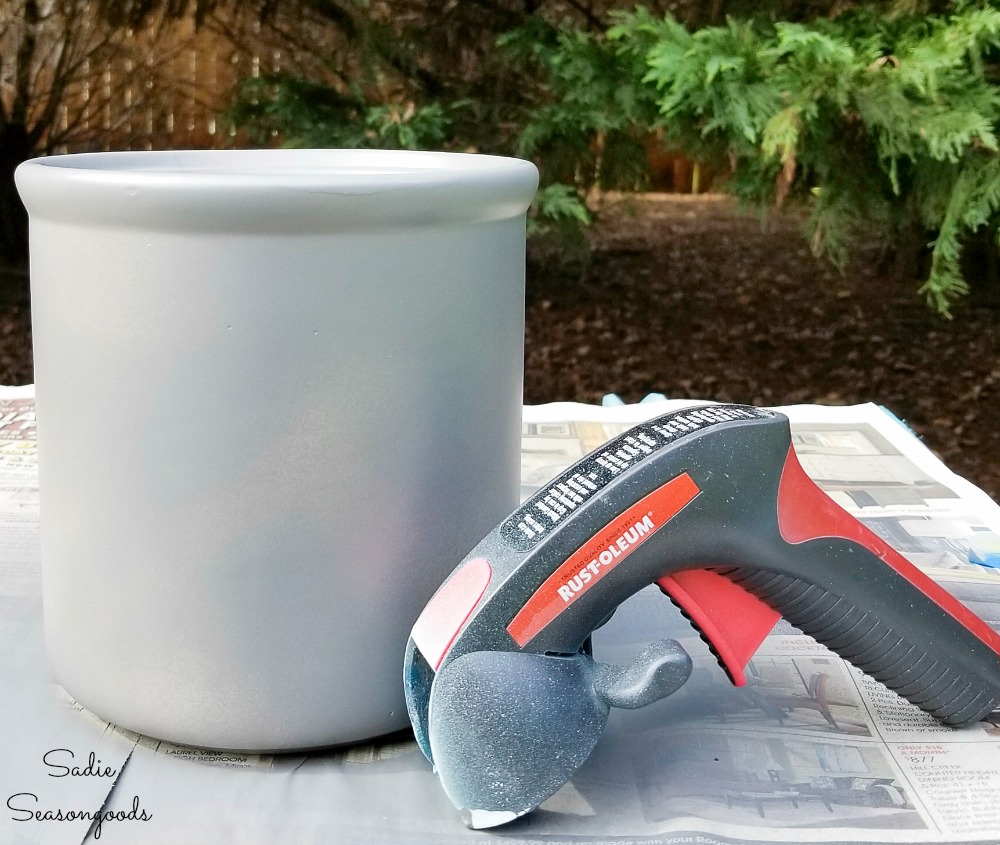 Gray primer on a white ceramic canister to look like the vintage crocks