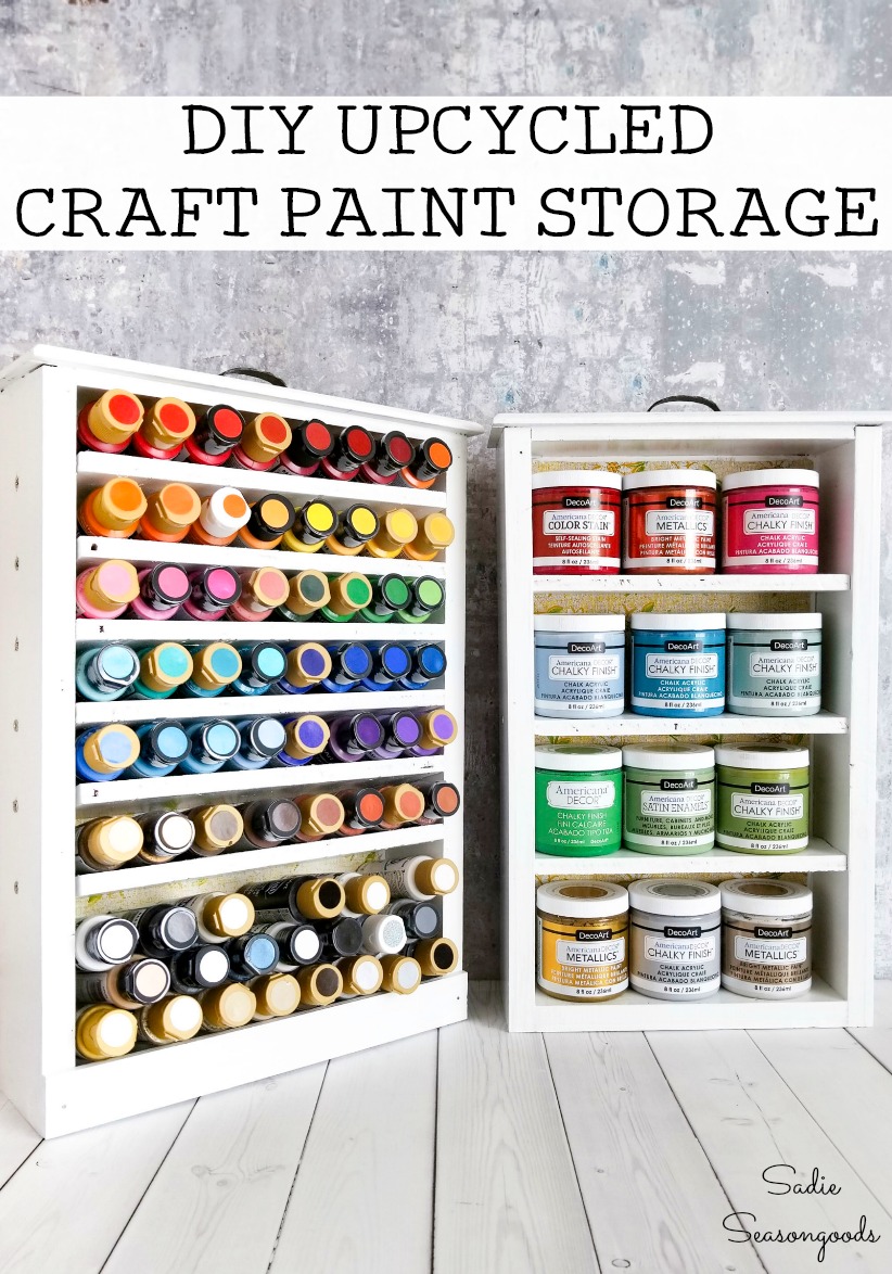 Wooden drawers as craft paint storage with shelves
