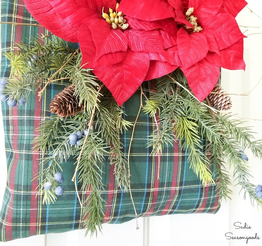 Decorating a clothespin bag as a rustic Christmas wreath