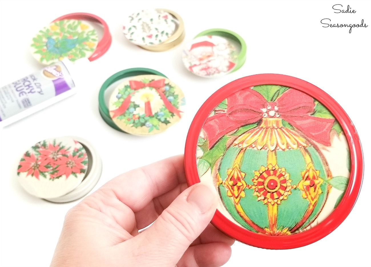 Mason jar lid craft with vintage Christmas wrapping paper