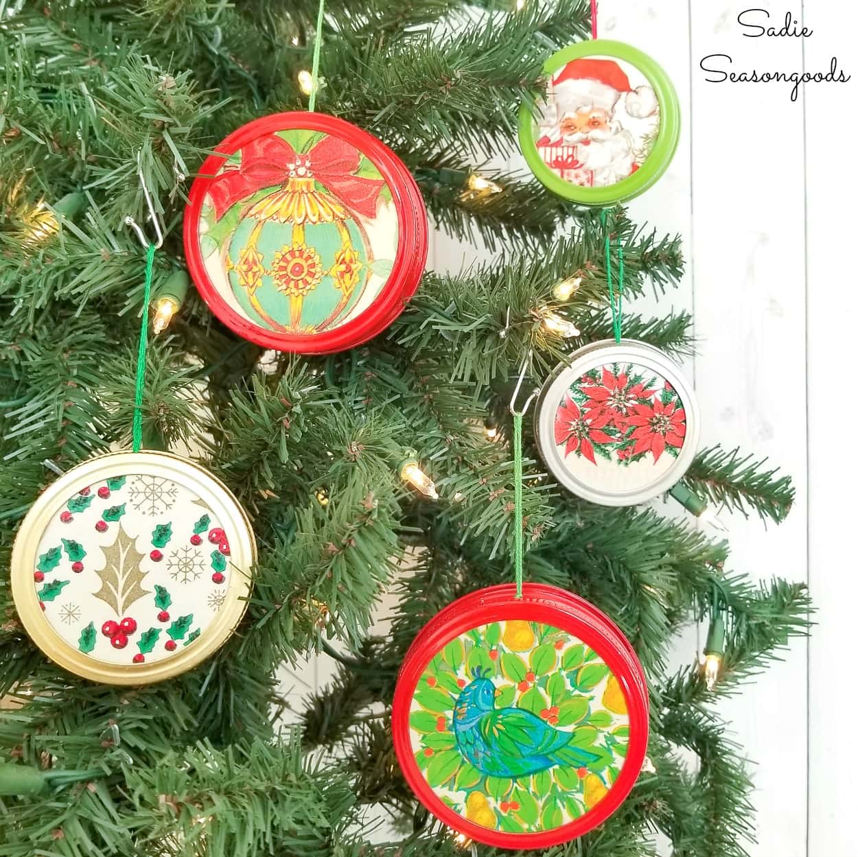 Mason jar lid ornaments with vintage Christmas wrapping paper