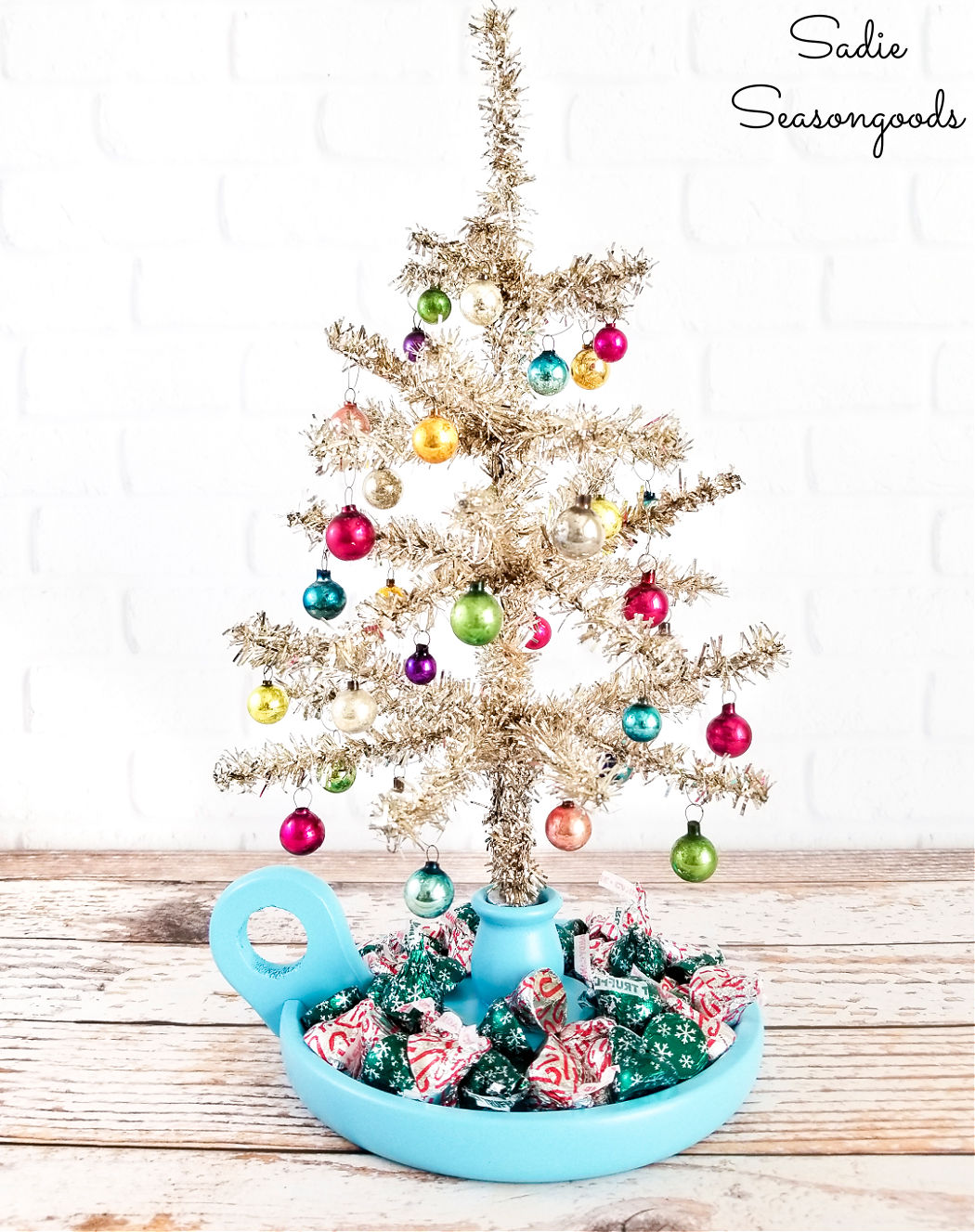 tabletop tree stand and christmas candy dish
