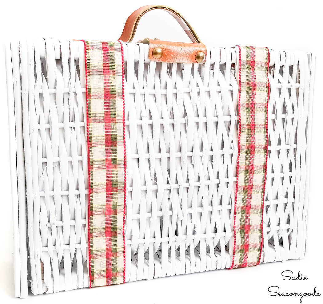 vintage picnic basket as a christmas storage container