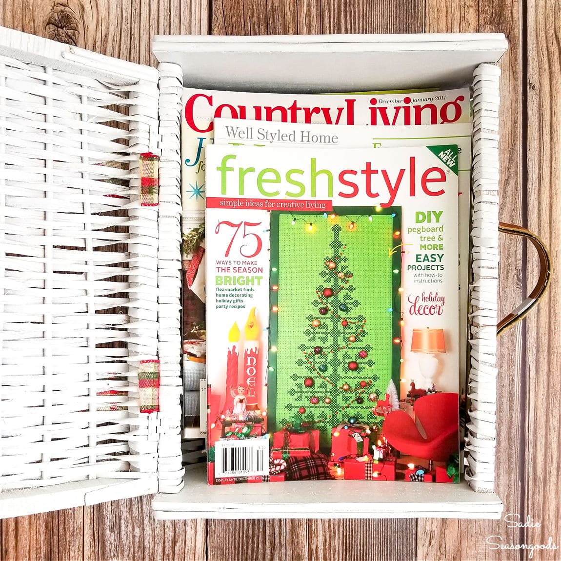 Vintage Picnic Basket as Storage for Christmas Magazines