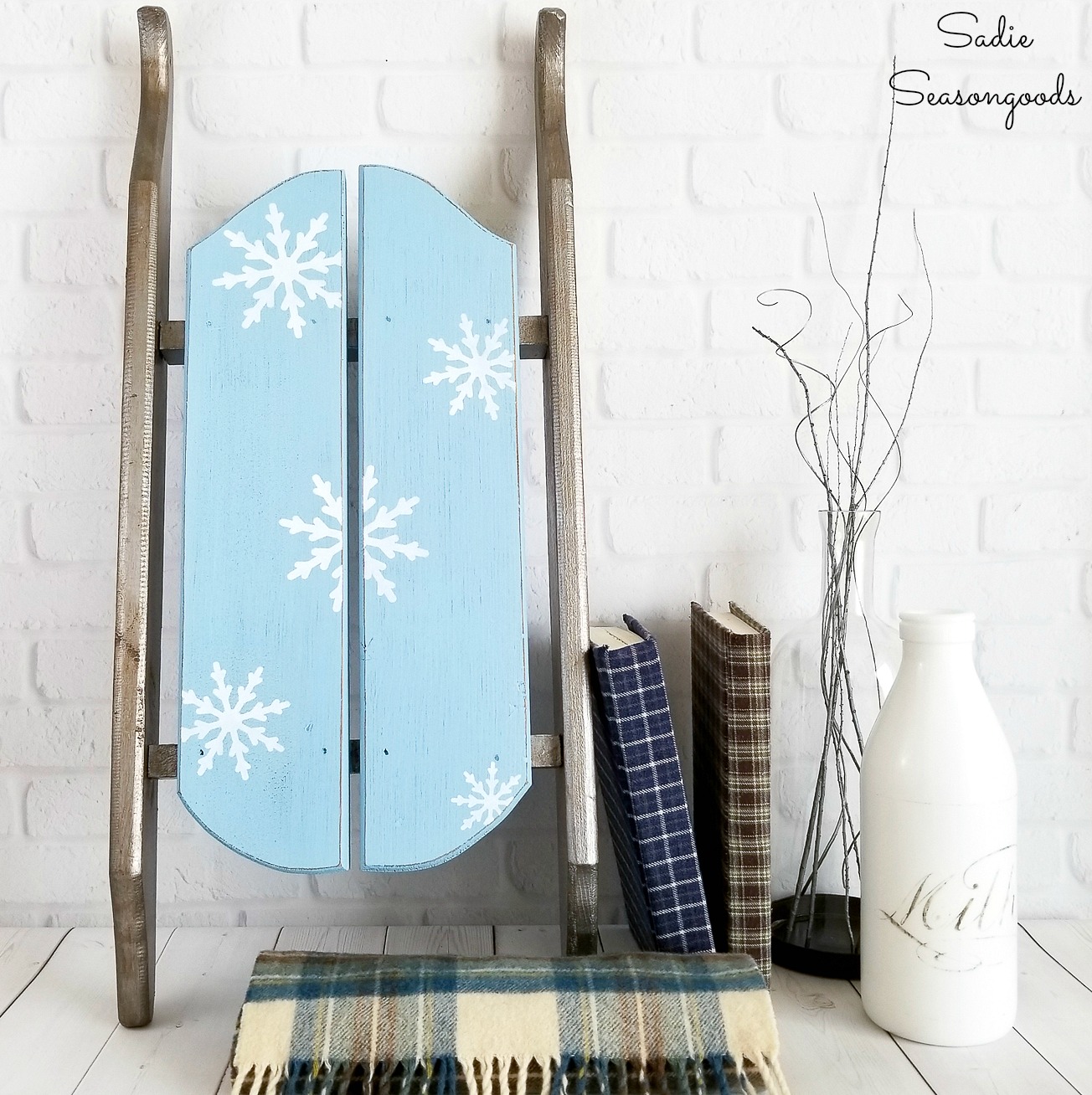 Blue Christmas Decor or Winter Decor with a Wooden Sled