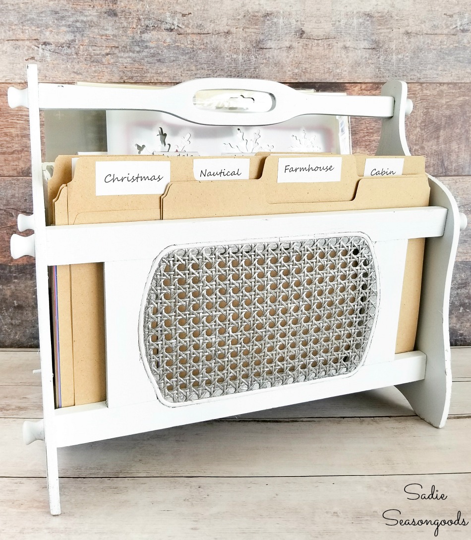 File tote for stencil storage in a vintage magazine holder