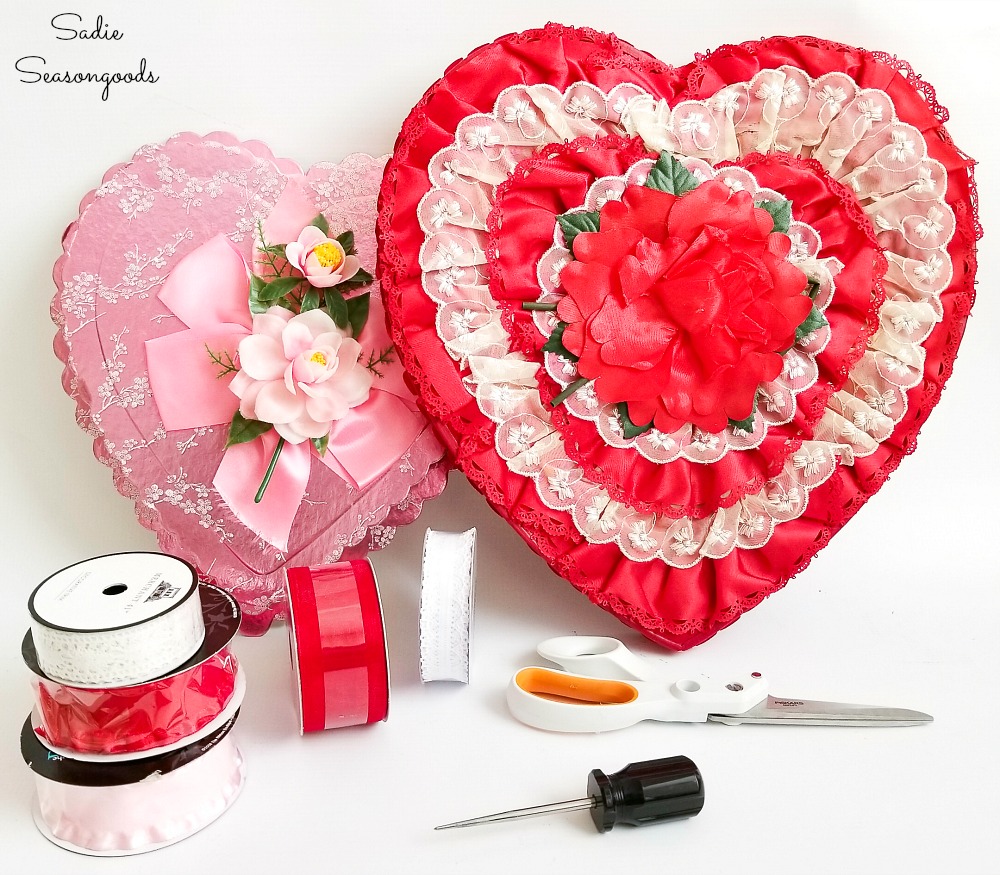 Upcycling a chocolate heart box into a heart wreath for Valentine's Day decor