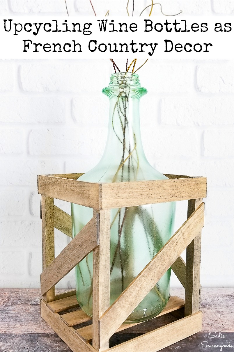 Glass carboy or wine jug that has been upcycled as a demijohn bottle for French farmhouse decor