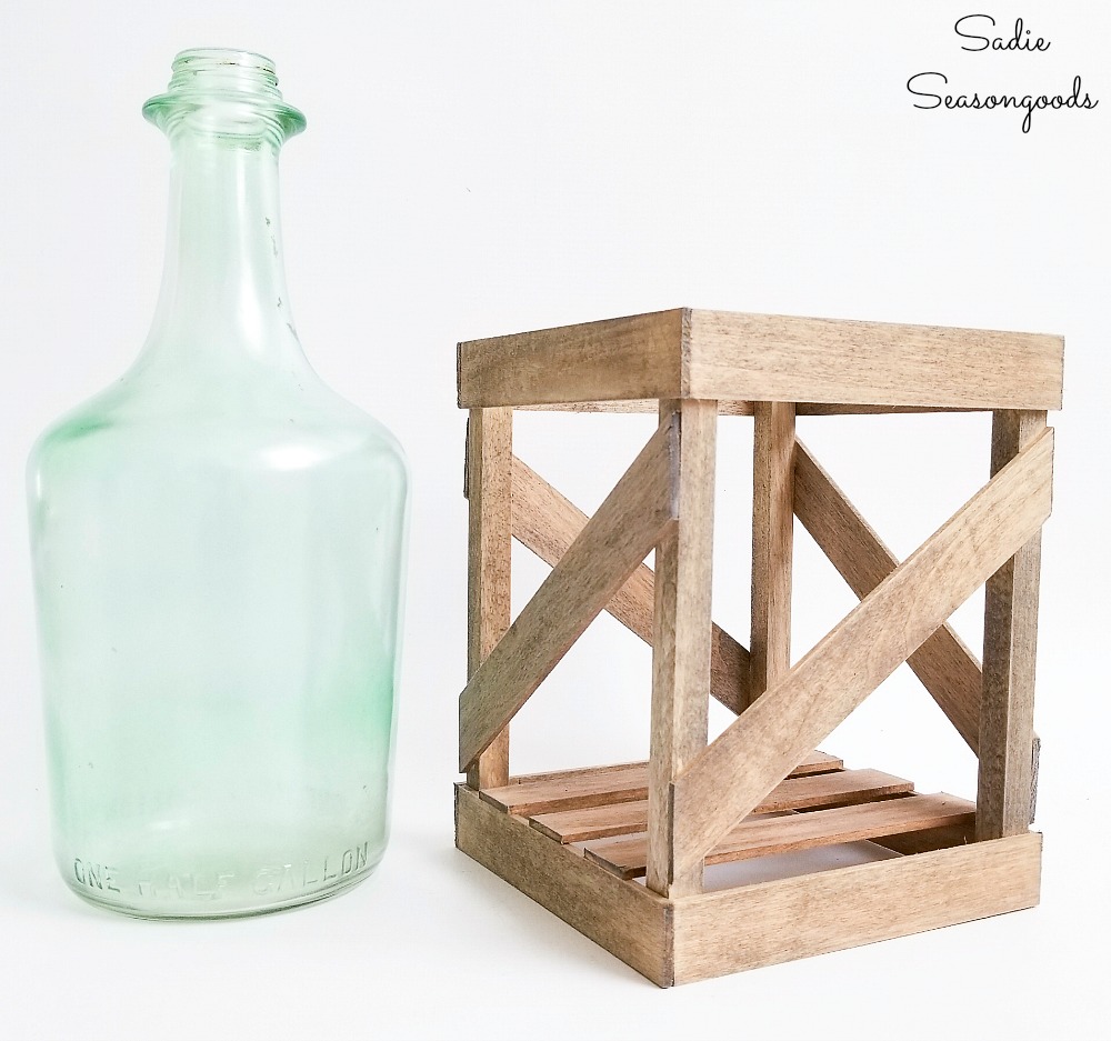 Making a demijohn vase with a wooden crate from empty wine bottles