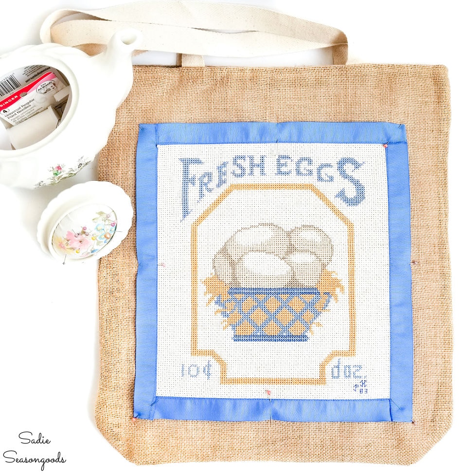 vintage cross stitch on a burlap tote bag