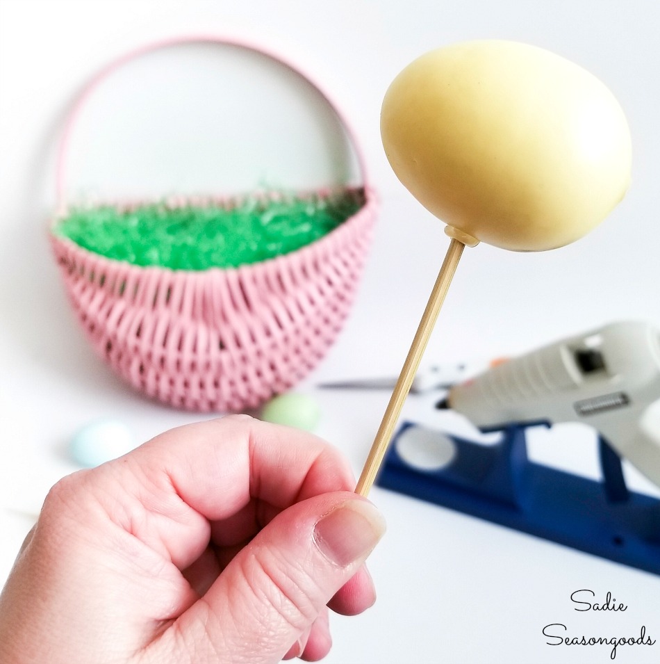 Bamboo skewers attached to Easter eggs for sticking in flower foam for an Easter egg wreath