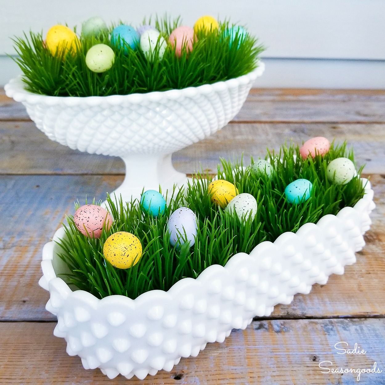 Hobnail milk glass as vintage Easter decor with speckled eggs on plastic grass