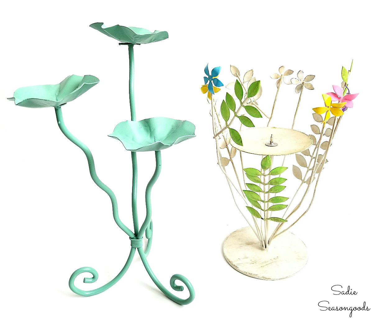 Metal candleholders from the thrift store that are painted for Spring decor