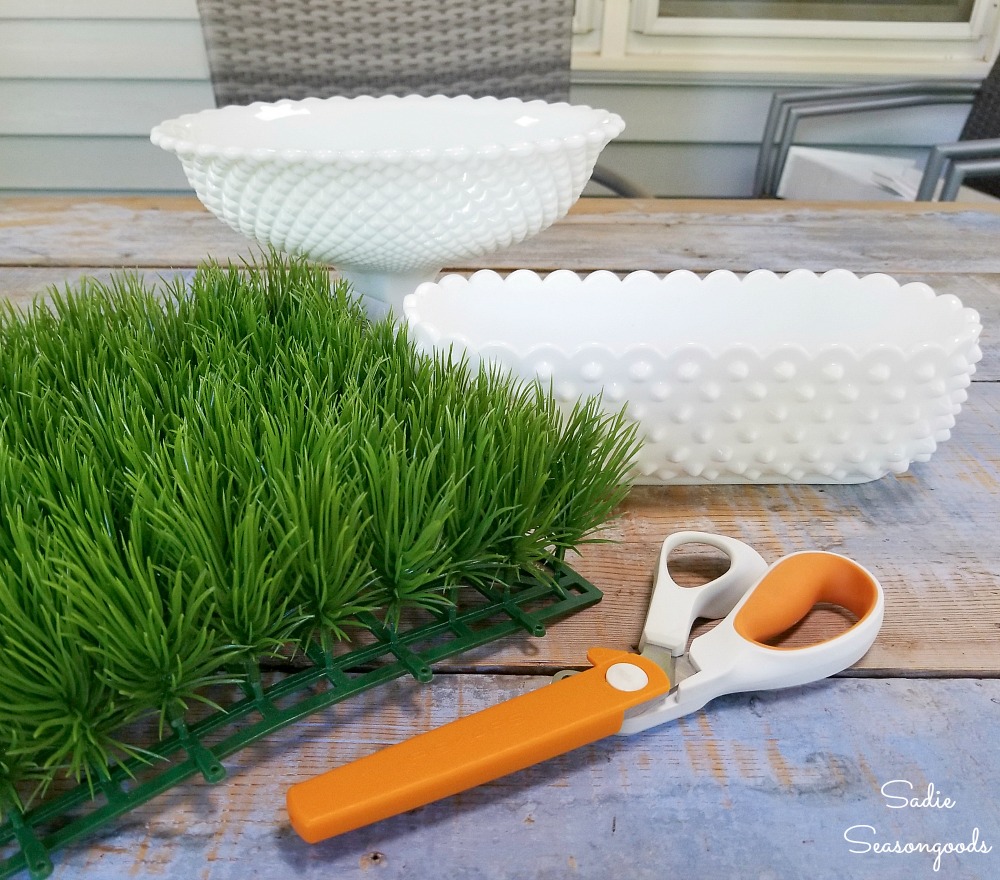 Plastic grass mat from a craft store to put inside the hobnail milk glass