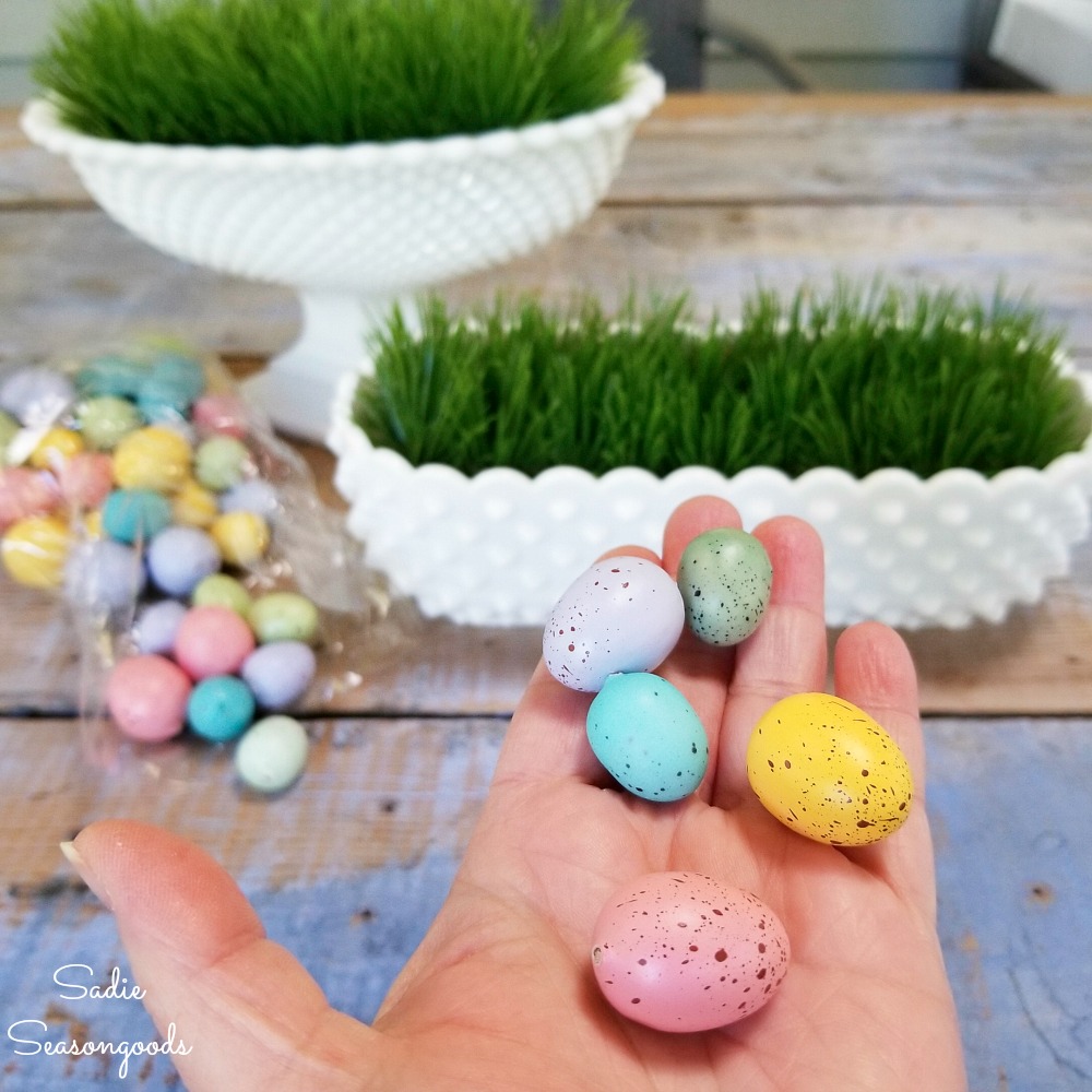 Speckled eggs to go on the plastic grass mat in the hobnail milk glass