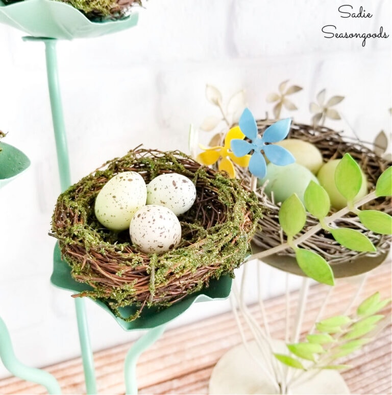 Bird Nest Decor on a Metal Candle Holder for Spring Decorating