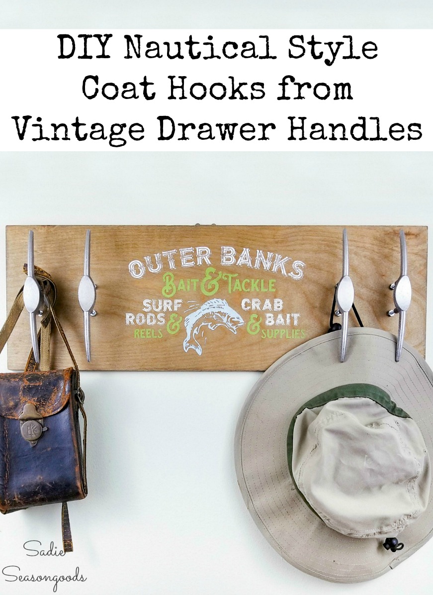 Vintage hardware as nautical hooks for coastal wall decor