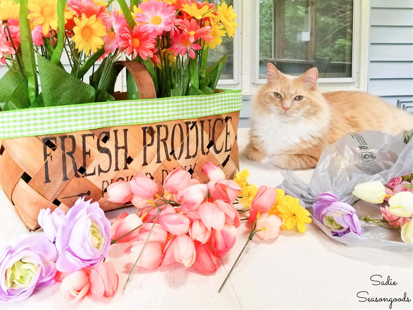 filling a basket with spring flowers