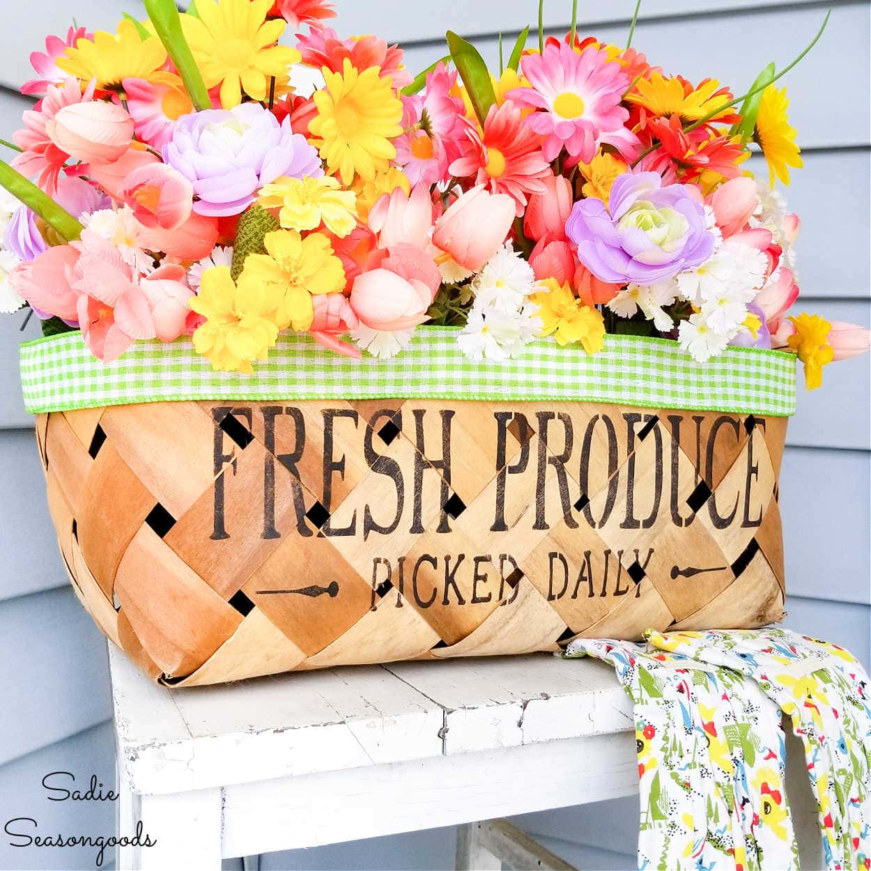 Outdoor Spring Decorations in a Garden Harvest Basket