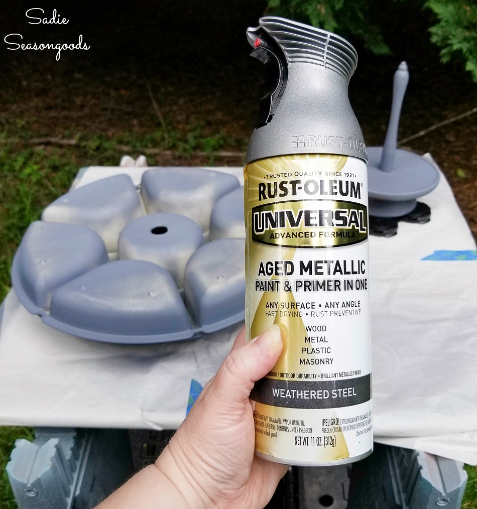 Galvanized spray paint on Tupperware serving center and wooden lazy susan from a cruet set