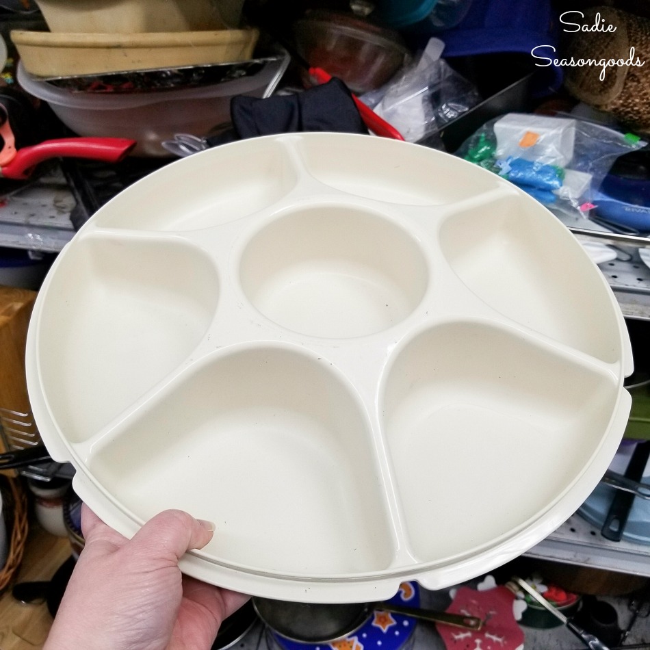 Tupperware Serving Center at the thrift store to be upcycled into a small parts organizer