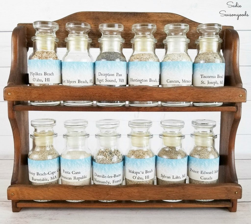 Sand Collection Display in a Vintage Spice Rack