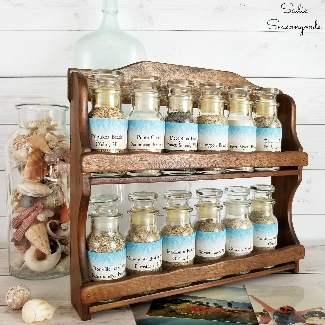 How to Display a Sand Collection of Beach Souvenirs in a Wooden Spice Rack