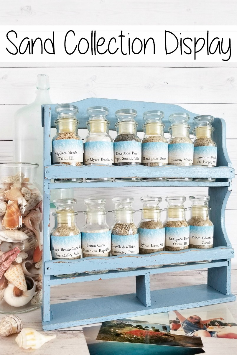 Vintage spice rack as a sand collection display for beach souvenirs