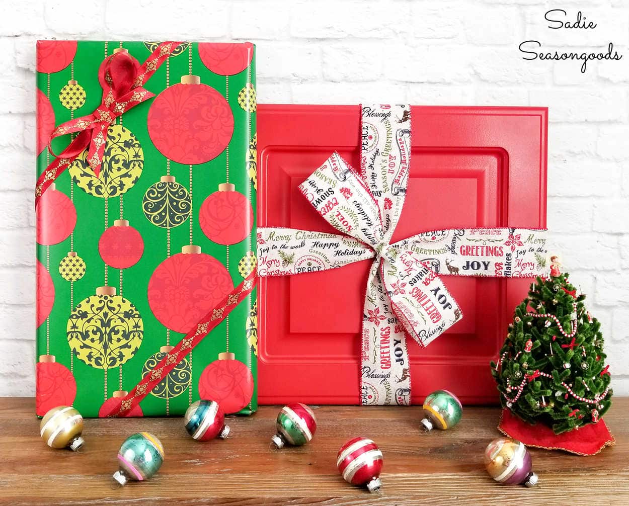 cabinet doors as decorative gifts for a christmas mantel