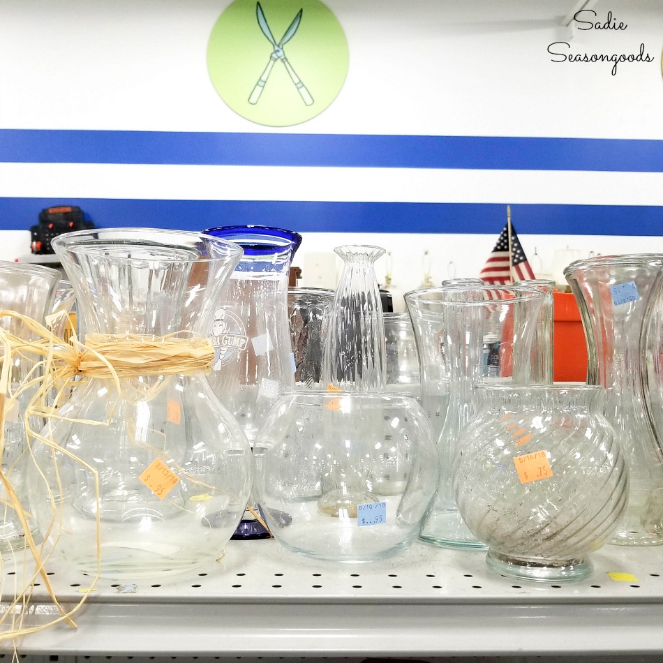 Glass vases and glass bowls at a thrift store