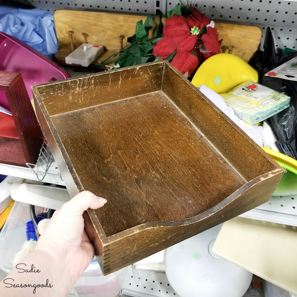 Wooden paper tray at a thrift store for lake decor