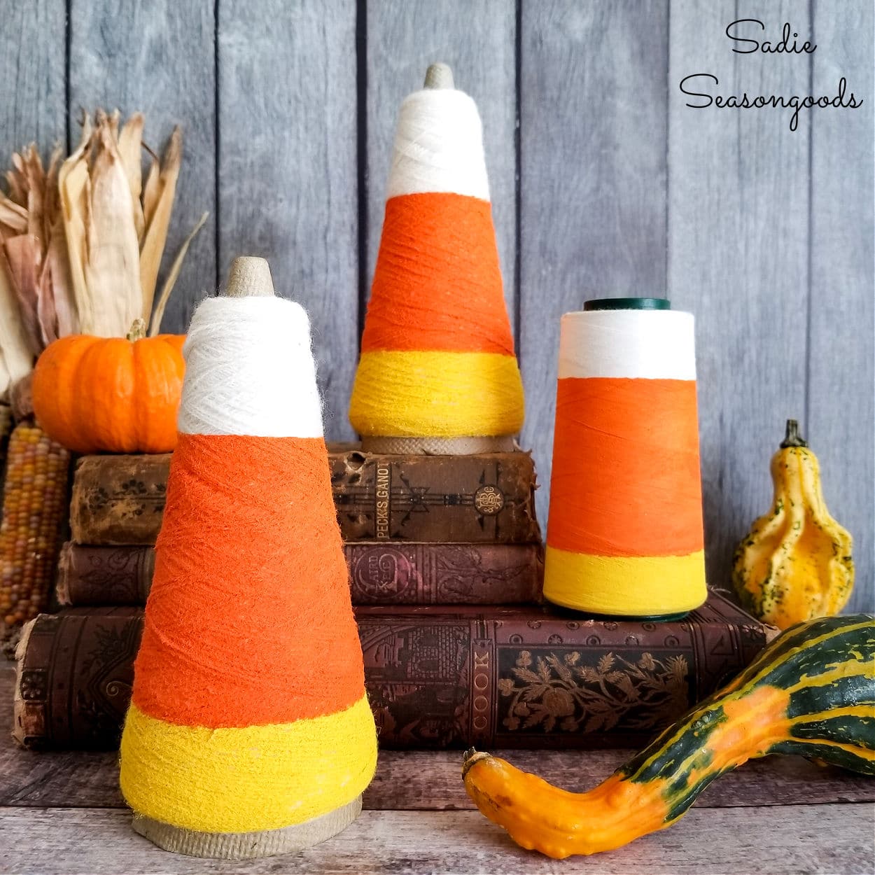 candy corn decorations from thread cones