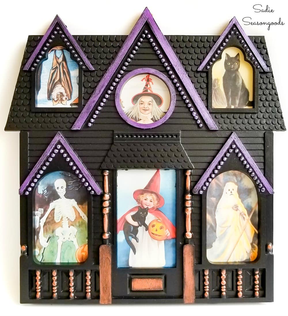 House shaped picture frame as a haunted house for Halloween decor