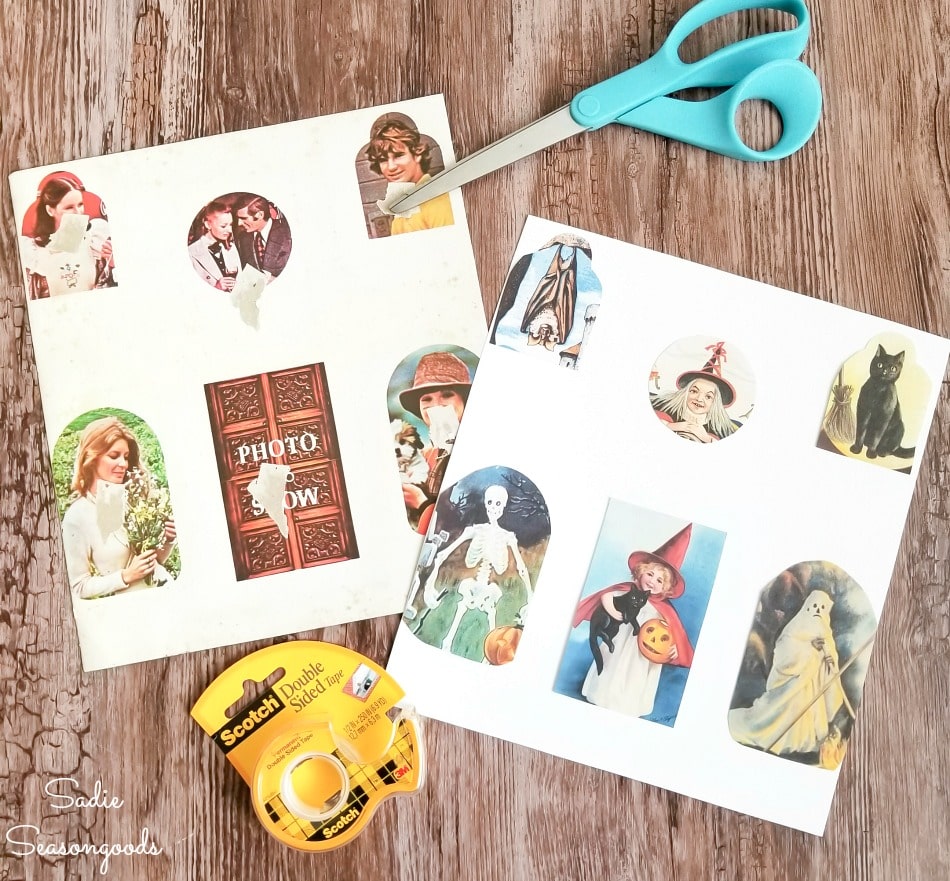 Print outs of vintage Halloween postcards to go in a house shaped picture frame