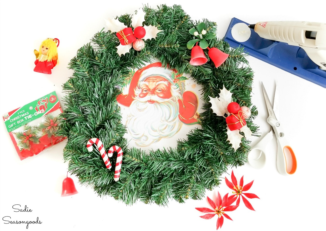 decorating a retro christmas wreath