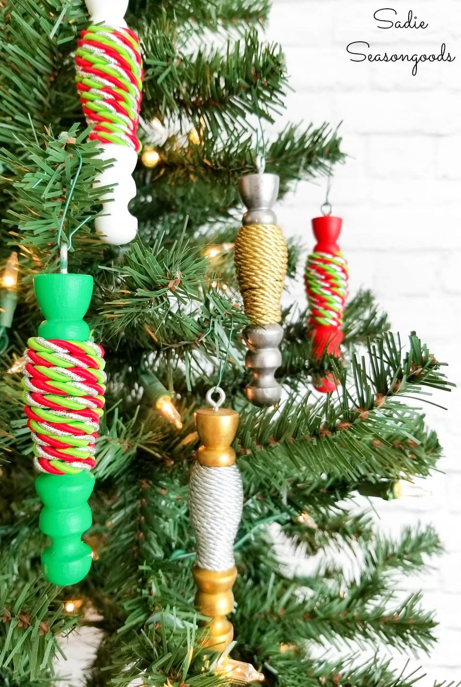 Wooden spindle ornaments on a Christmas tree