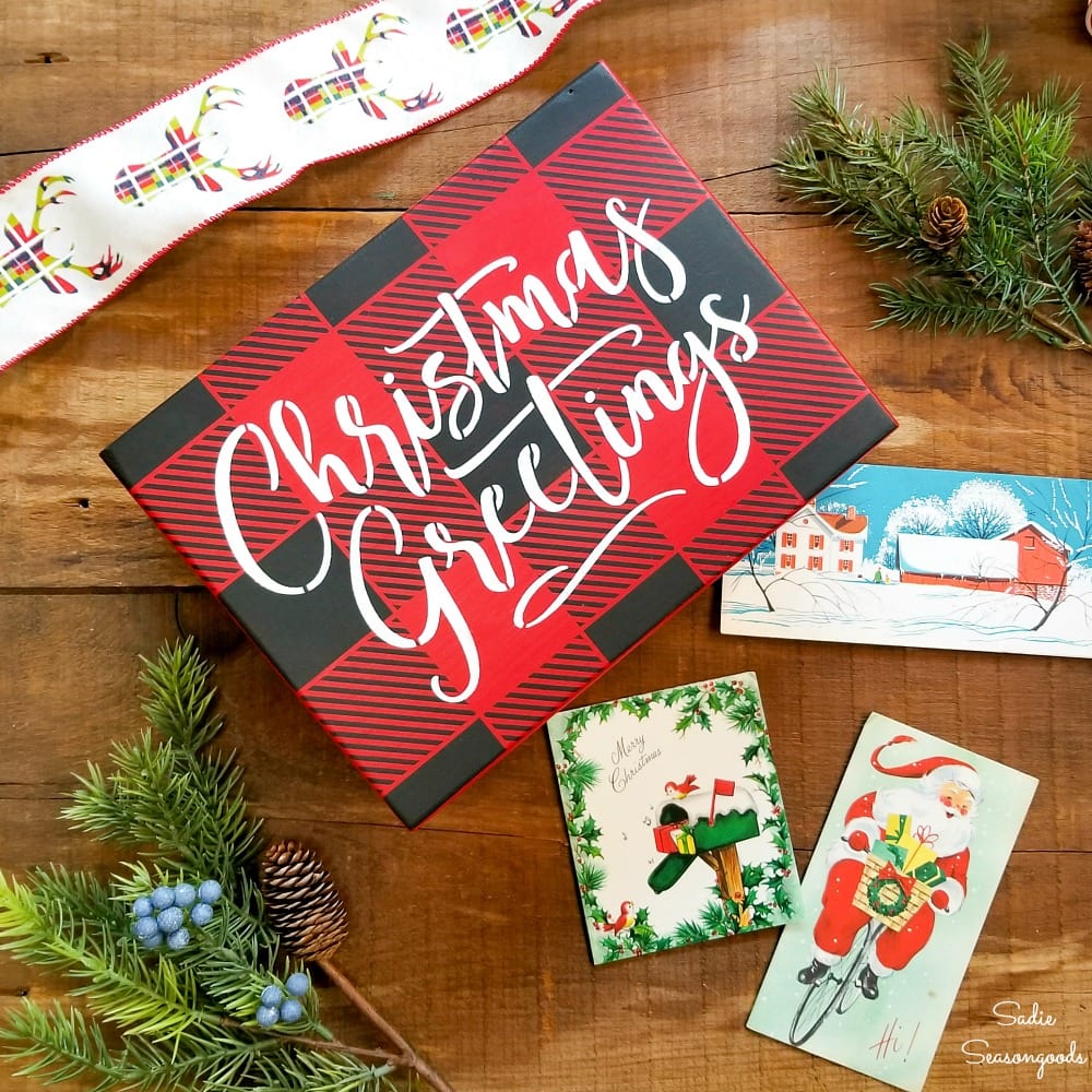 Holiday Card Holder and Buffalo Check Christmas Decor