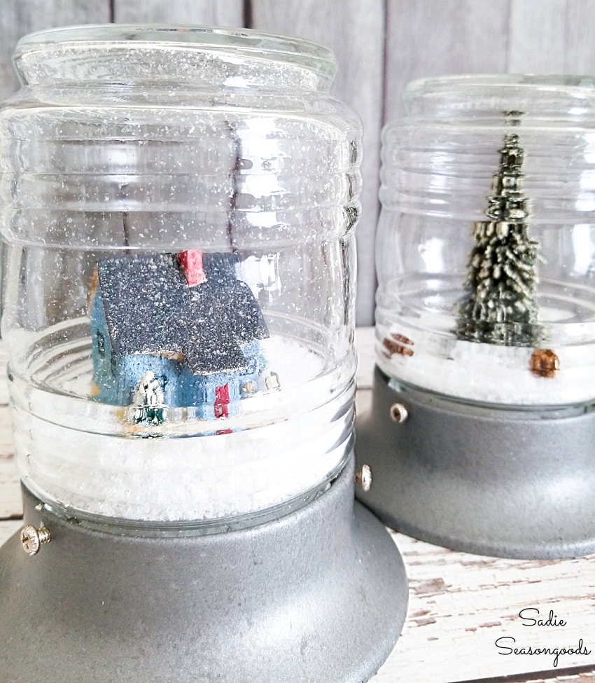 Repurposing a jelly jar light fixture as a winter snow globe