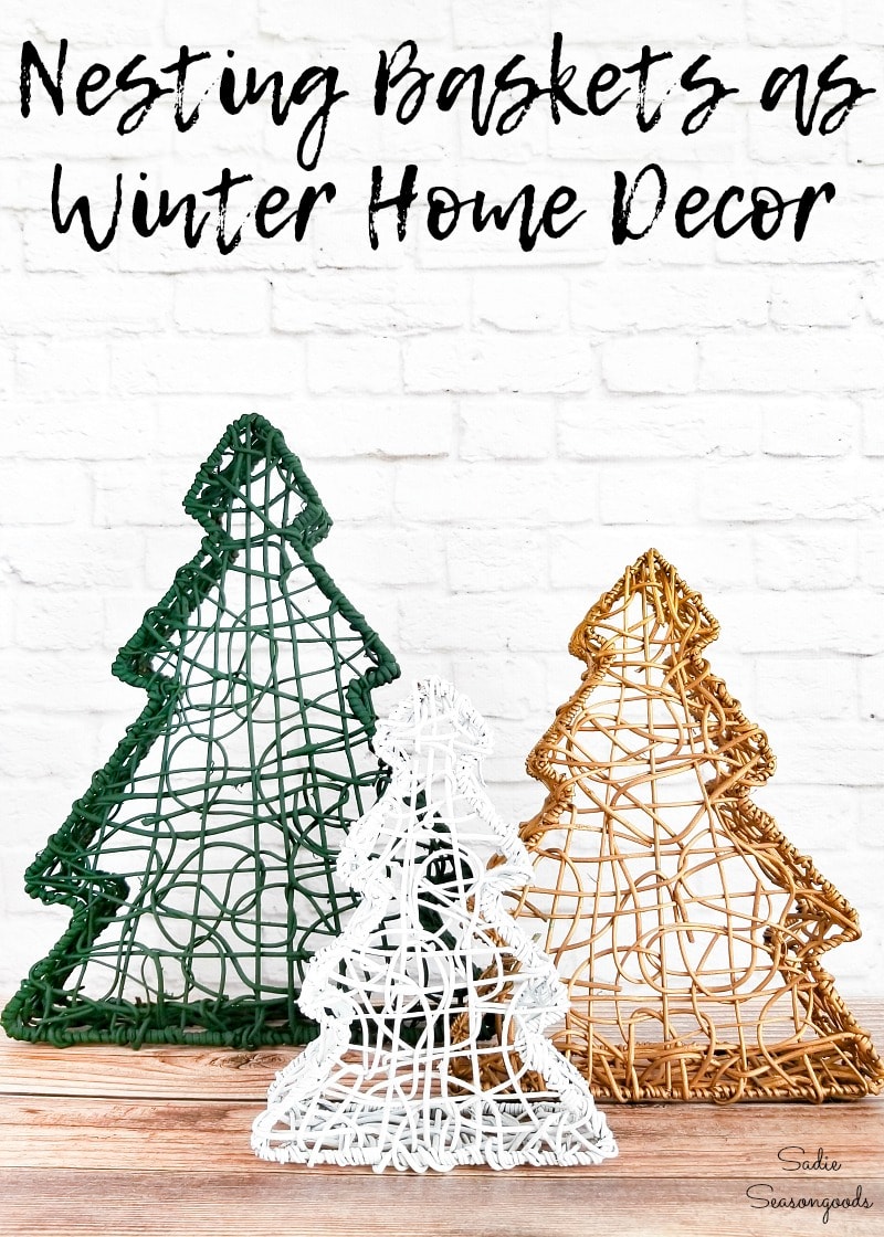 Winter home decor with Christmas tree baskets