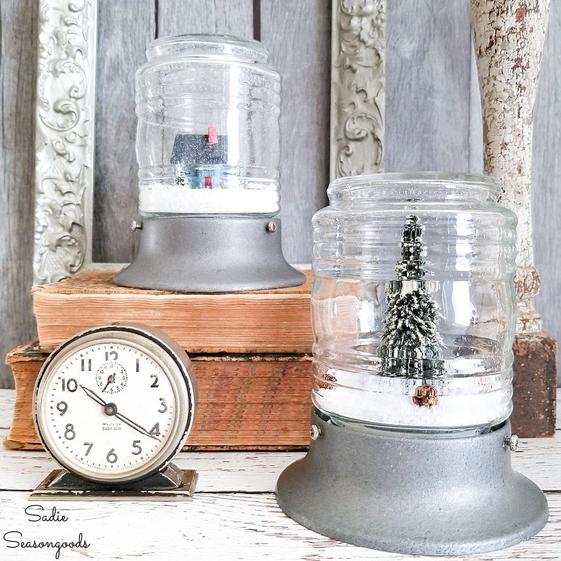 Winter snow globes in jelly jar light fixtures