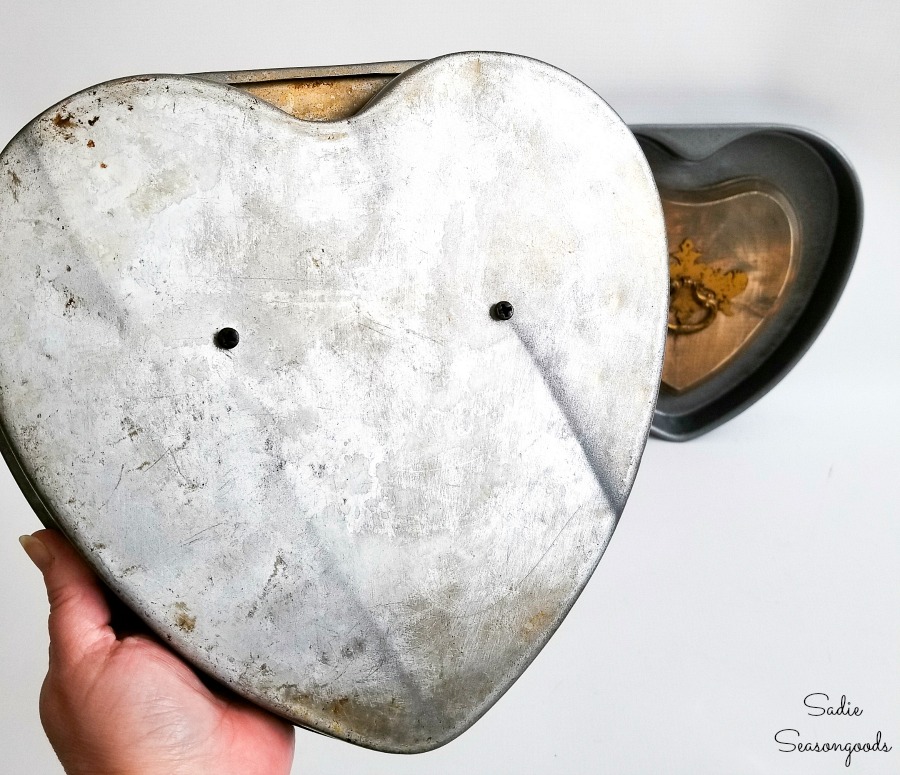 DIY valentine decorations with heart shape cake pans as industrial home decor