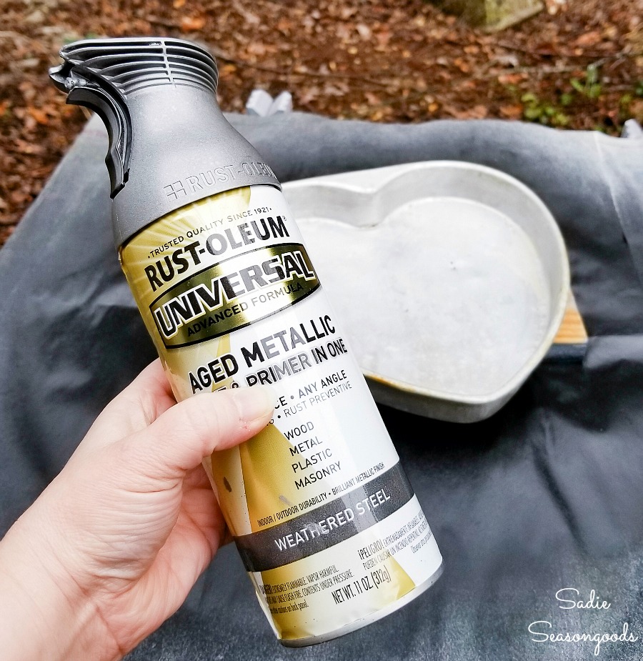 Galvanized spray paint to transform the heart shape cake pans into industrial home decor